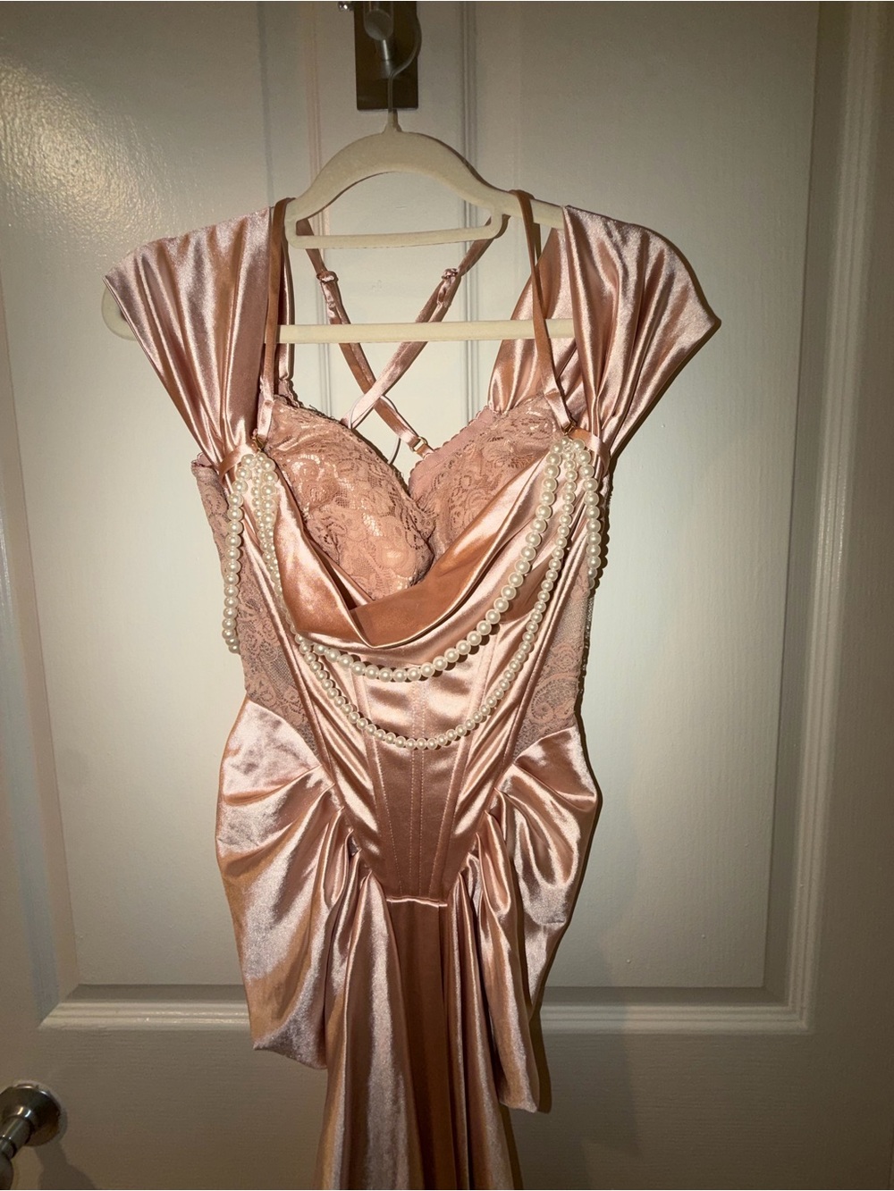 Pearl-Embellished Satin & Lace Dress in Blush Pink - Picture 3 of 7
